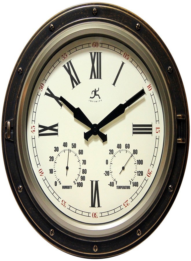Infinity Instruments Forecaster Indoor/Outdoor Wall Clock, Thermometer, Hygrometer combo, Stylish Durable Waterproof Weather Station for your Home, 16 Inch, Bronze - Image 1