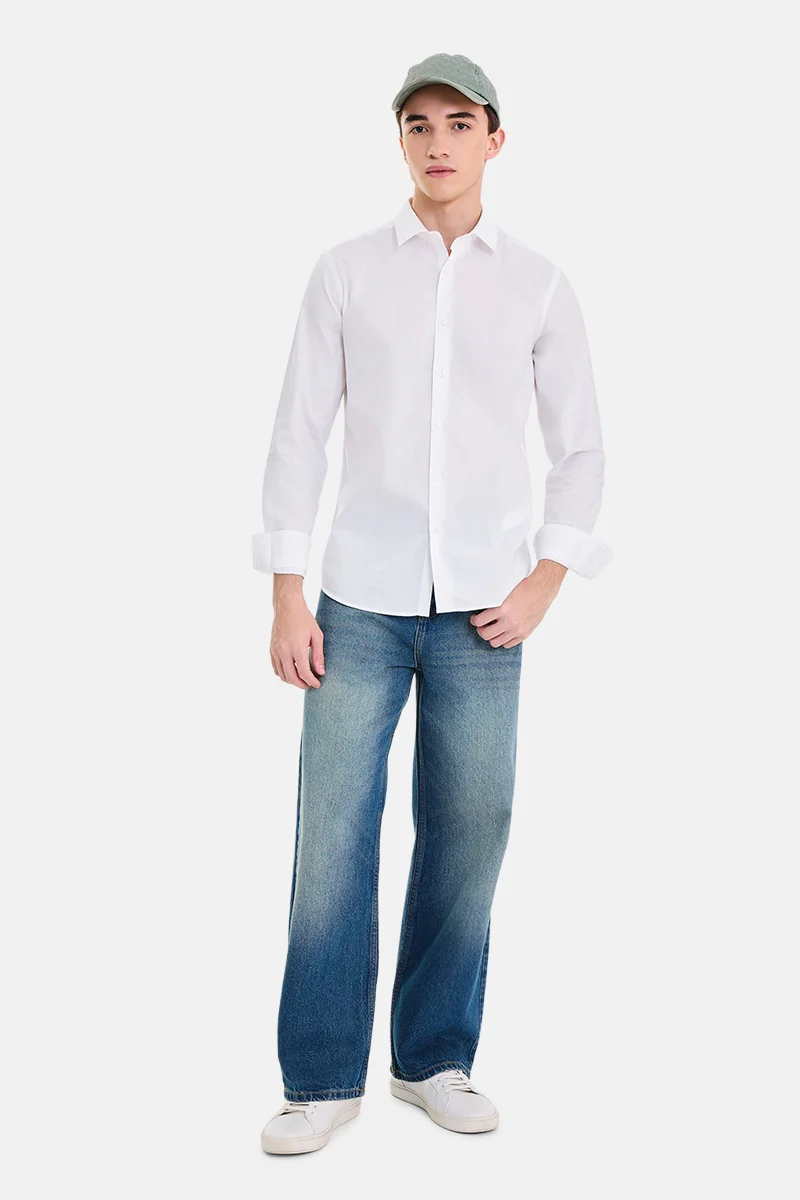 سنيتش White Checkered Long Sleeve Slim Fit Casual Shirt