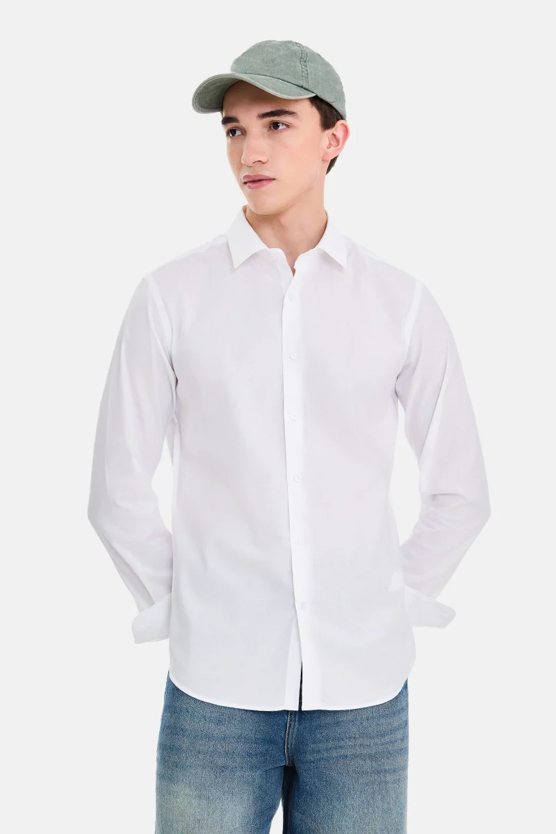 سنيتش White Checkered Long Sleeve Slim Fit Casual Shirt
