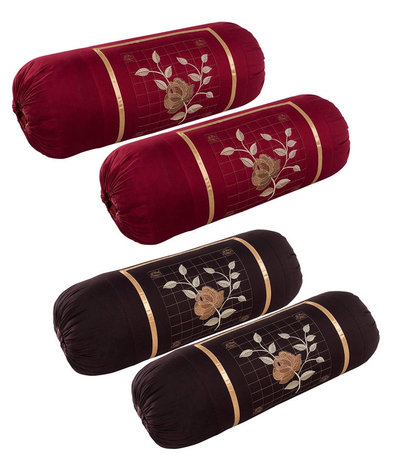 Rj Products أغطية وسائد روجي ميكروفايبر بتطريز الورود - عبوة من 4 قطع باللون الماروني والبني - Image 1