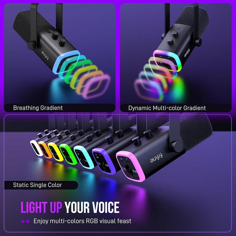 فيفين مجموعة ميكروفون ديناميكي الصوت بمنفذ USB واكس ال ار والفضاء اللوني RGB مع حامل لذراع الرفع وزر لكتم ومقبس سماعة رأس الصوت لألعاب الكمبيوتر والبث والتسجيل والتعليق الصوتي من فيفين، موديل AM8T - Image 5