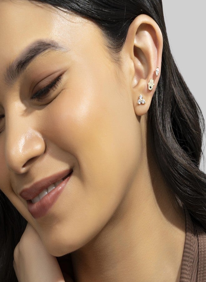 Aaishwarya 3 Diamond Zircon Flatback Studs | 14K Plated Earrings for Women and Girls | Minimal Dainty Multi Piercing Stud |With Screw Back | Lightweight Everyday | Water-Resistant Anti-Tarnish Jewels - Image 4