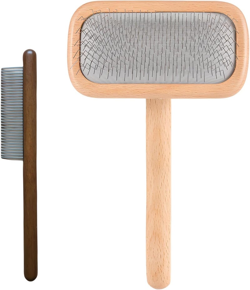 2 Pcs Pet Grooming Brush Set, De-Matting Wood Dog Brush, M Size Slicker Pin Brush for Dogs Cats, Wooden Wide Tooth Comb - Image 1