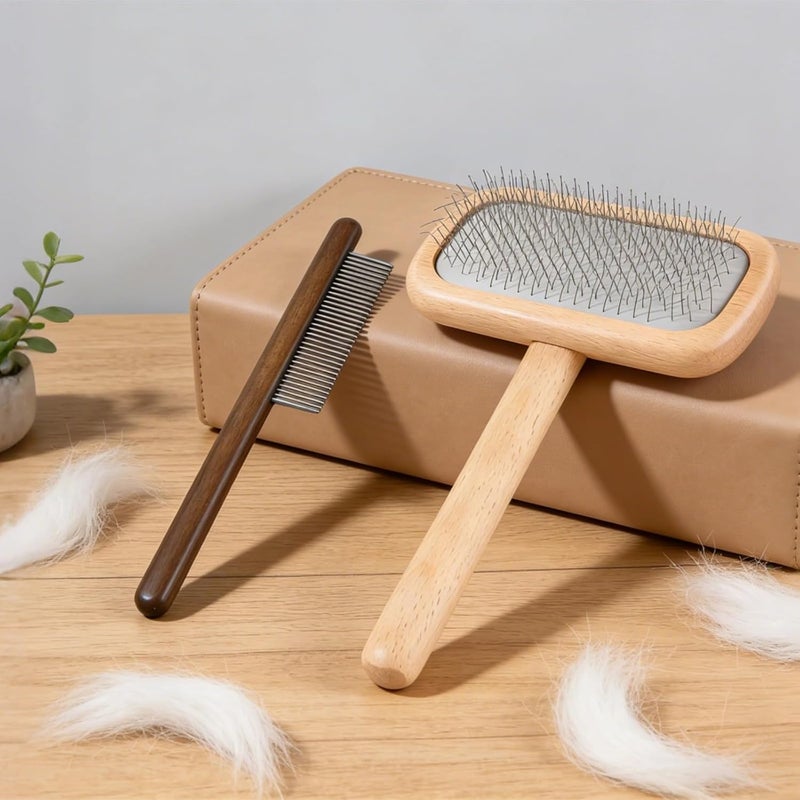 2 Pcs Pet Grooming Brush Set, De-Matting Wood Dog Brush, M Size Slicker Pin Brush for Dogs Cats, Wooden Wide Tooth Comb - Image 2