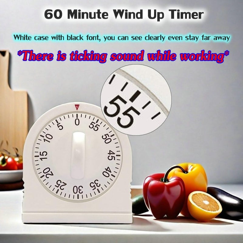 NUOSWEK 60 Minute Wind Up Timer, Visual Mechanical Timer with Loud Alarm, Manual Countdown Timers for Classroom, Home, Study and Cooking (White) - Image 2