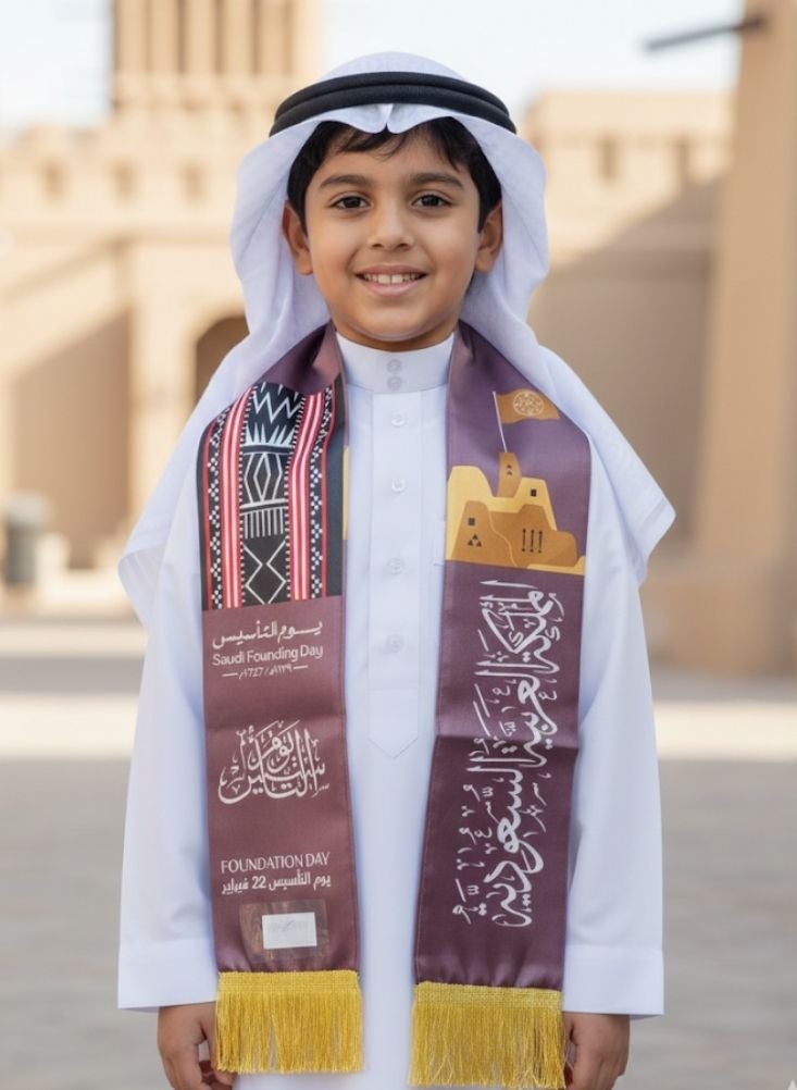 بريميم وشاح أطفال تقليدي بمناسبة يوم تأسيس المملكة العربية السعودية، مزين بتصميم الخط العربي - على الطراز التراثي الوطني - Image 2