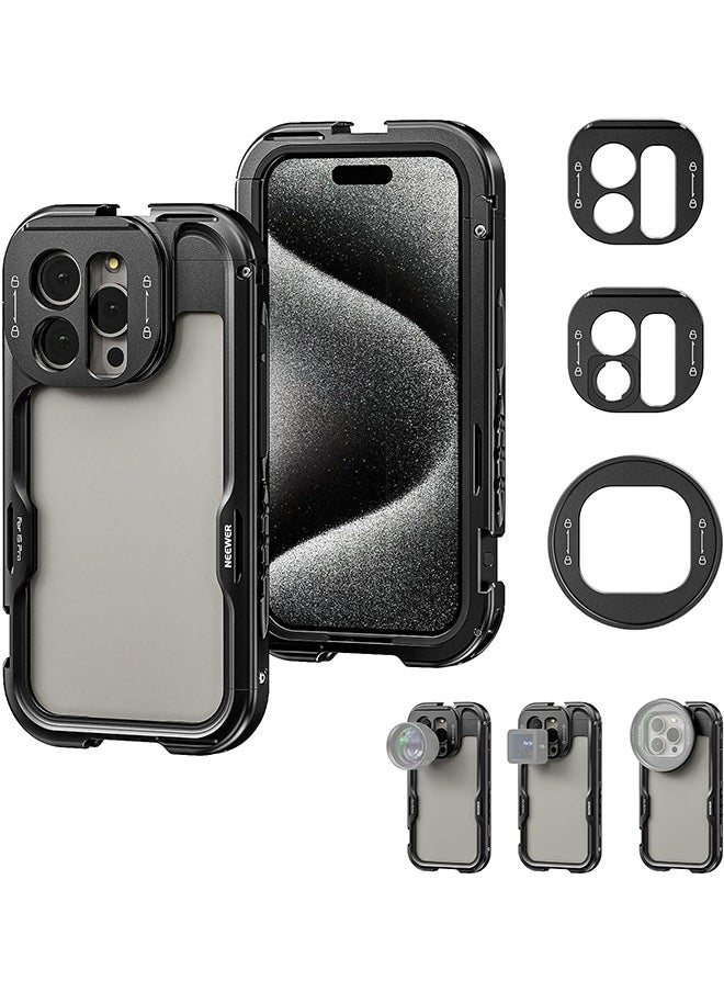 Neewer 15 Pro Cage [2nd Generation], Quick Release Design Video Rig Phone Stabilizer with 67mm Filter Adapter, 17mm Lens Backplate, T Mount Lens Adapter Compatible with Moment T Series Lens, PA043