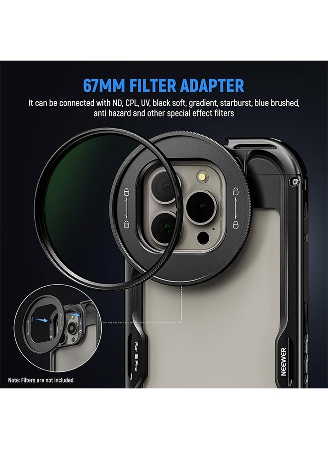 Neewer 15 Pro Cage [2nd Generation], Quick Release Design Video Rig Phone Stabilizer with 67mm Filter Adapter, 17mm Lens Backplate, T Mount Lens Adapter Compatible with Moment T Series Lens, PA043