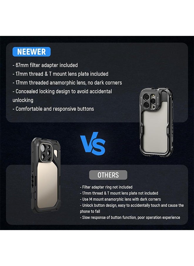 Neewer 15 Pro Cage [2nd Generation], Quick Release Design Video Rig Phone Stabilizer with 67mm Filter Adapter, 17mm Lens Backplate, T Mount Lens Adapter Compatible with Moment T Series Lens, PA043