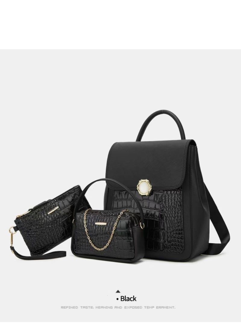 Women's Crocodile Pattern Backpack, Stylish Handbags ,Satchels Purses,Crossbody Bag and clutch, 3 Pcs Set For Women-Black - Image 1