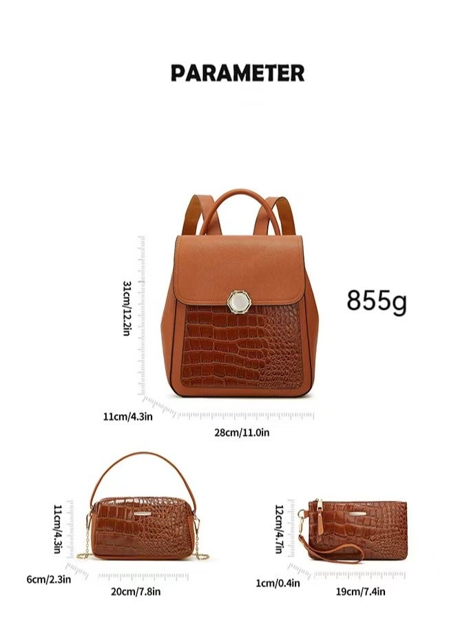 Women's Crocodile Pattern Backpack, Stylish Handbags ,Satchels Purses,Crossbody Bag and clutch, 3 Pcs Set For Women-Black - Image 2