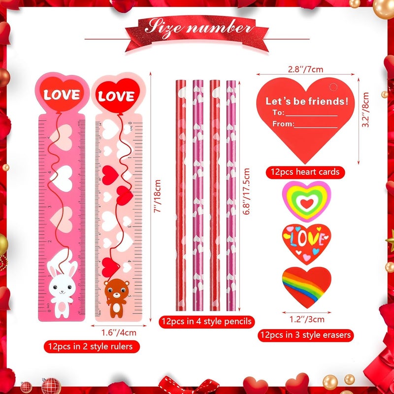كلاراكو هدايا عيد الحب للأطفال في الفصول الدراسية، عبوة من 12 قطعة هدايا تبادلية لحفل عيد الحب، مجموعة أدوات مكتبية مع بطاقات وملصقات وأقلام رصاص وممحاة ومساطر وملصقات إسفنجية وحقائب هدايا، إجمالي 122 قطعة - Image 2