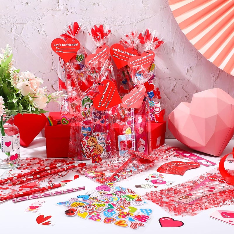 كلاراكو هدايا عيد الحب للأطفال في الفصول الدراسية، عبوة من 12 قطعة هدايا تبادلية لحفل عيد الحب، مجموعة أدوات مكتبية مع بطاقات وملصقات وأقلام رصاص وممحاة ومساطر وملصقات إسفنجية وحقائب هدايا، إجمالي 122 قطعة - Image 4