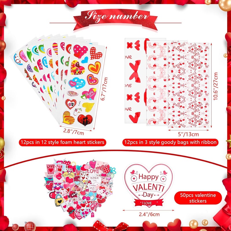 كلاراكو هدايا عيد الحب للأطفال في الفصول الدراسية، عبوة من 12 قطعة هدايا تبادلية لحفل عيد الحب، مجموعة أدوات مكتبية مع بطاقات وملصقات وأقلام رصاص وممحاة ومساطر وملصقات إسفنجية وحقائب هدايا، إجمالي 122 قطعة - Image 3
