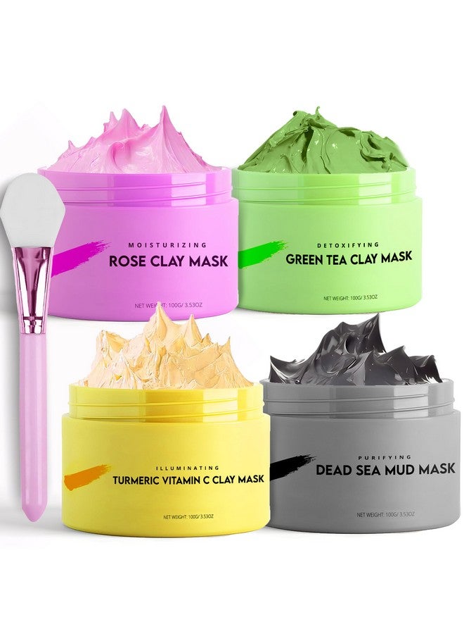 VogueNow Clay Mask Clay Face Mask Premium Pack Of 4(400G) Bonus Headband & Brush Turmeric Vitamin C Clay Mask For Face Green Tea Rose Dead Sea Mud Mask Deep Pore Cleansing & Brightening Spa Gifts - Image 1