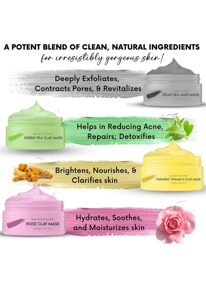 VogueNow Clay Mask Clay Face Mask Premium Pack Of 4(400G) Bonus Headband & Brush Turmeric Vitamin C Clay Mask For Face Green Tea Rose Dead Sea Mud Mask Deep Pore Cleansing & Brightening Spa Gifts - Image 4