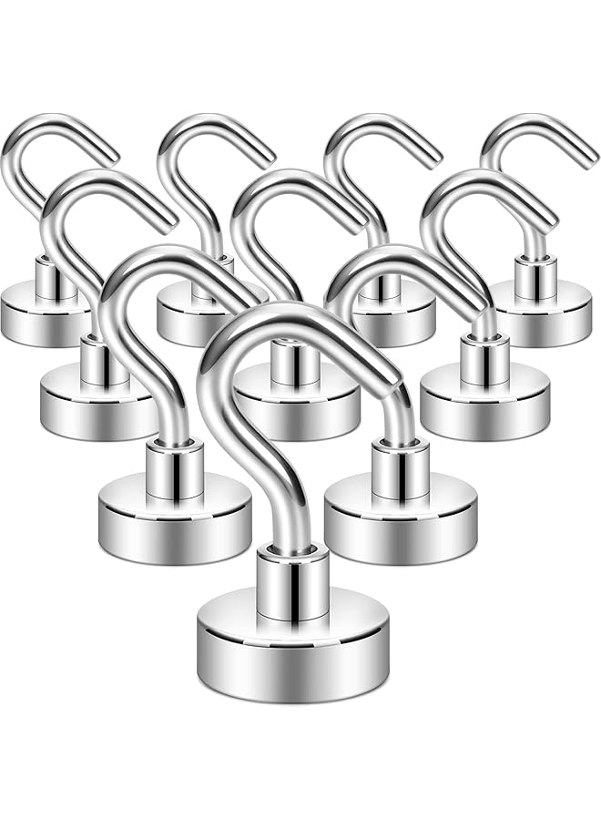 promass Heavy Duty Magnetic Hooks - 27 lb+ Extra Strong Earth Magnets with Hook for Refrigerator, Cruise, Cabins, Grill - Silver White, Pack of 10 - Image 1