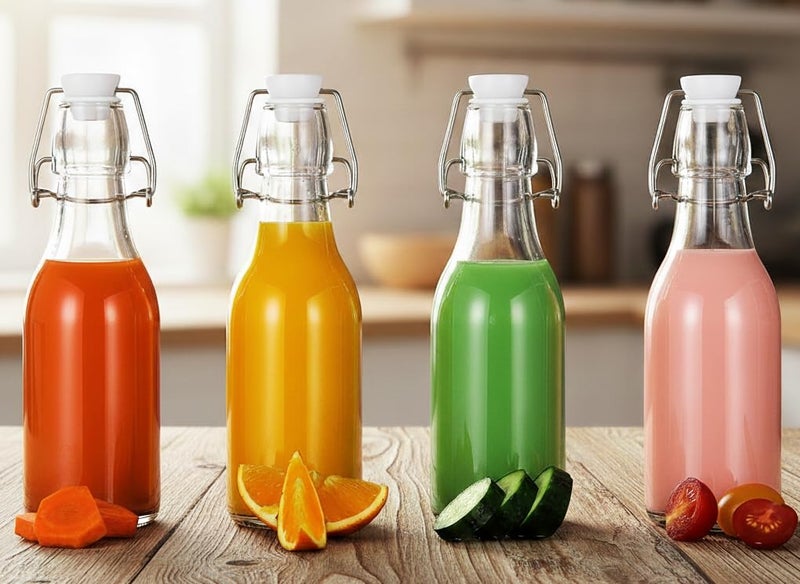 yomith Glass Bottle 250ml, Airtight Rubber Seal Leakproof Flip Cap for Home Beverages, Water, Juice, Wine, Milk, Oil, Soda (Round, Pack Of 4) - Image 2
