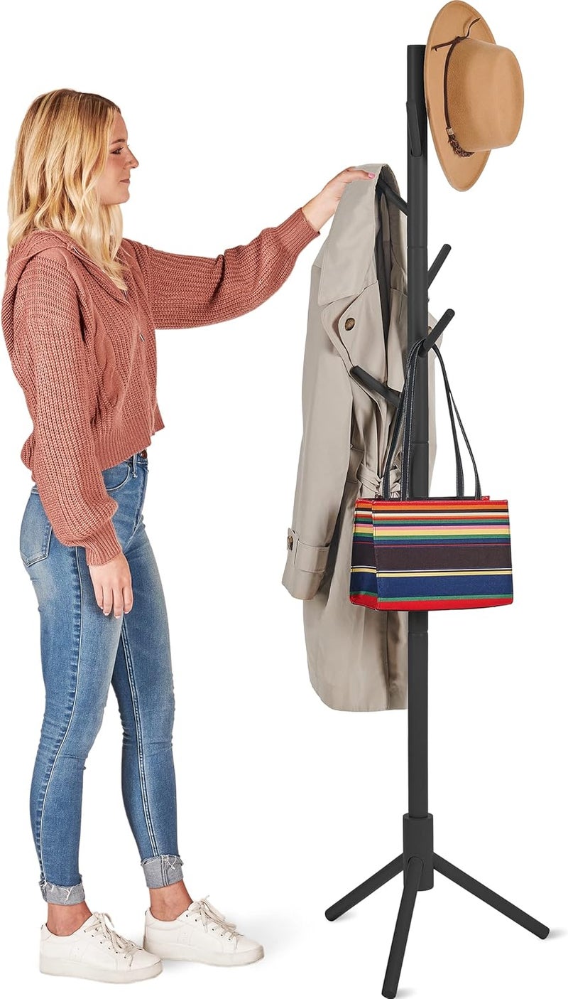 ZOBER High-Grade Wooden Tree Coat Rack Stand, 6 Hooks - Super Easy Assembly NO Tools Required - 3 Adjustable Sizes Free Standing Coat Stand, Hallway Coat Hanger Hat Stand, for Handbag, Clothes & Accessories - Image 1