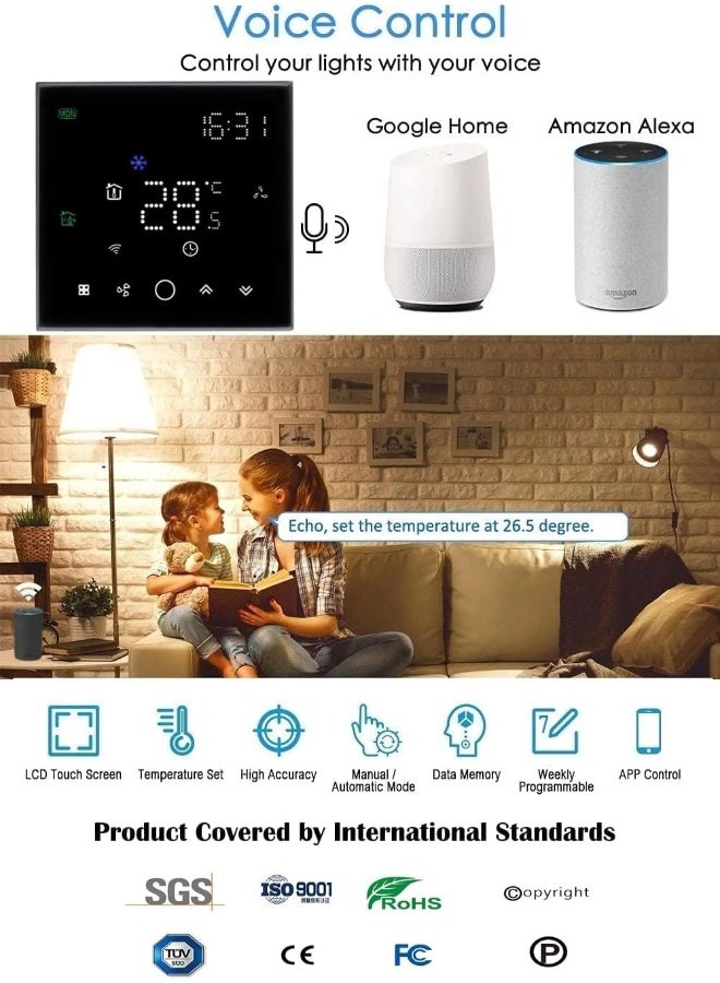 melfi Melfi Wifi Programmable Room Ac Smart Thermostat Balck Matrix | Energy Saving Fcu Central Air Conditioner Touch Controller 95-240Vac With Alexa Echo Google Home | 3 Speed Fan With Auto And Child Lock  - Image 5