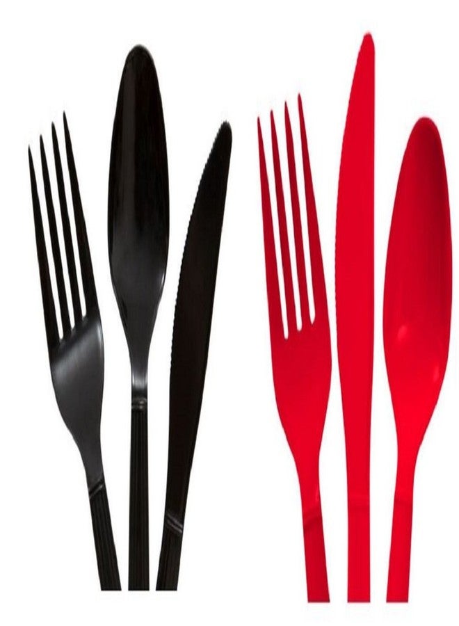 Party Red & Black Heavy Duty Plastic Cutlery Sets - 16 Spoons, 16 Forks, 16 Knives - 2 packs of 48 each 96 pcs total - Atlanta Falcons - Image 1