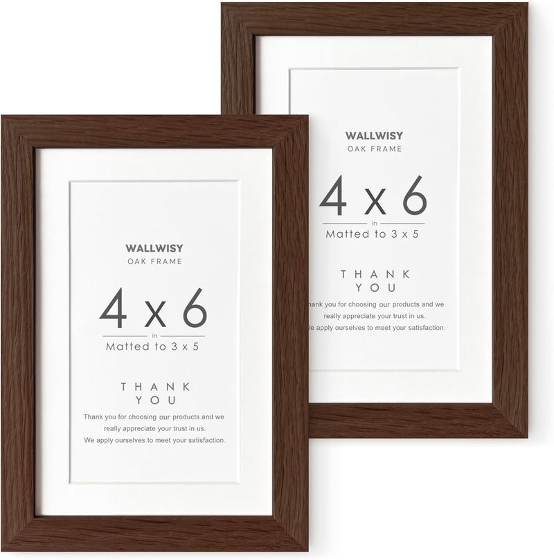 wallwisy 4x6 Picture Frame, Solid Oak Wood 4x6 Picture Frames with Mat to 3x5(Openning Size is 2.75x4.75), Natural Oak 6x4 Frame, (Walnut Set of 2) - Image 1