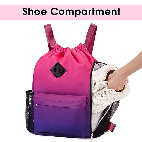 WANDF Drawstring Backpack Sports Gym Bag with Shoes Compartment, Water-Resistant String Backpack Cinch Bag for Women Men (Rose Gradient) - Image 3
