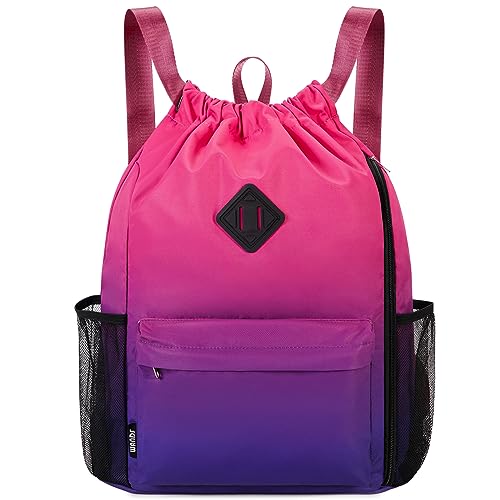 WANDF Drawstring Backpack Sports Gym Bag with Shoes Compartment, Water-Resistant String Backpack Cinch Bag for Women Men (Rose Gradient) - Image 1