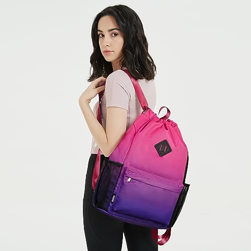WANDF Drawstring Backpack Sports Gym Bag with Shoes Compartment, Water-Resistant String Backpack Cinch Bag for Women Men (Rose Gradient) - Image 2