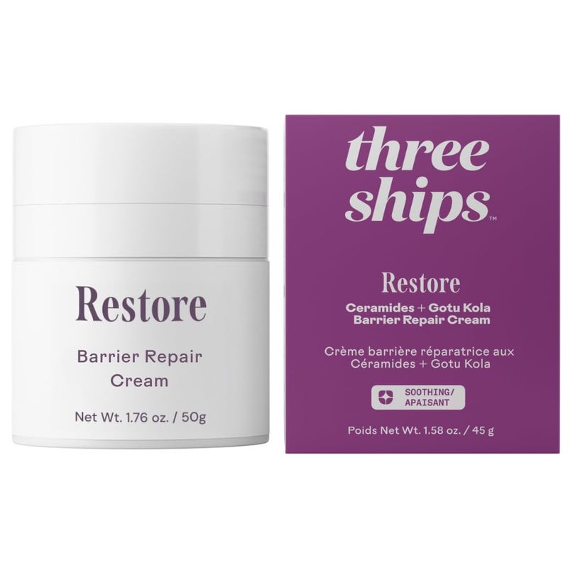 Three Ships Restore Barrier Repair Cream with Ceramides  Gotu Kola  Supports Skin Barrier Soothes Redness Lightweight Daily Face Moisturizer 40g