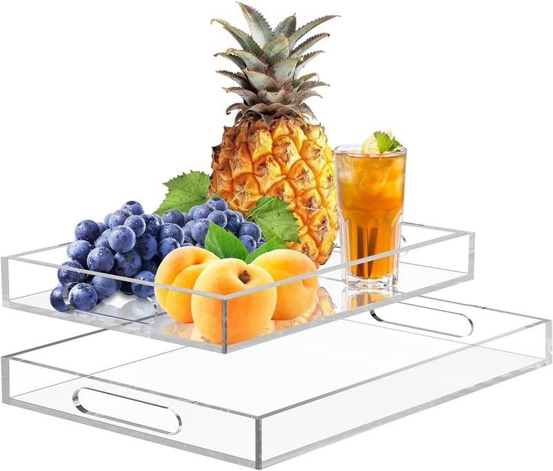 Jusmoo 2 Pack Clear Serving Trays with Handle -11x11x2.4 &10.2x10.2x2.4 Inch Acrylic Tray Set for Kitchen,Bathroom- 6mm Thick Small Stackable Display Organizer, Non Slip - Image 1