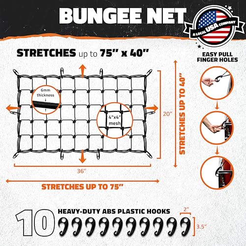 Mockins 36"x20" Heavy Duty Cargo Net for Pickup Truck Bed, SUV, & Car | 6mm Extra Thick & Elastic Bungee Net with Hooks - Stretches Up to 75"x40" | 4"x4" Mesh Square Cargo Netting for Any Load Size - Image 3