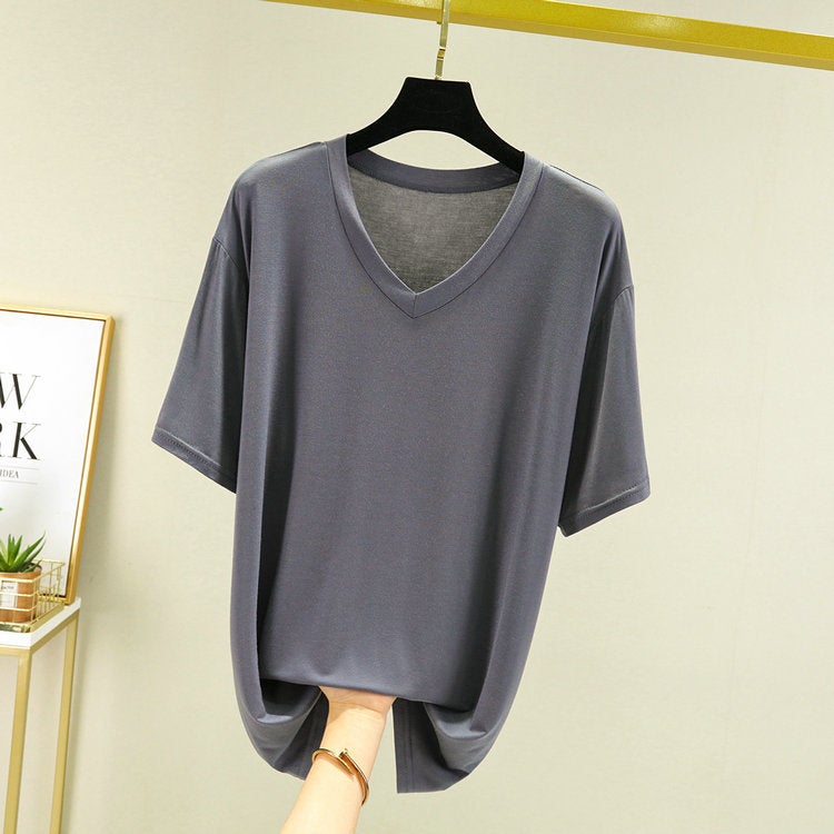 2024 Modal Short-Sleeved T-Shirt Men's Summer Thin Loose Large Size Plus Fat V Neck Bottoming Shirt Outer Half-Sleeved Top - Image 4