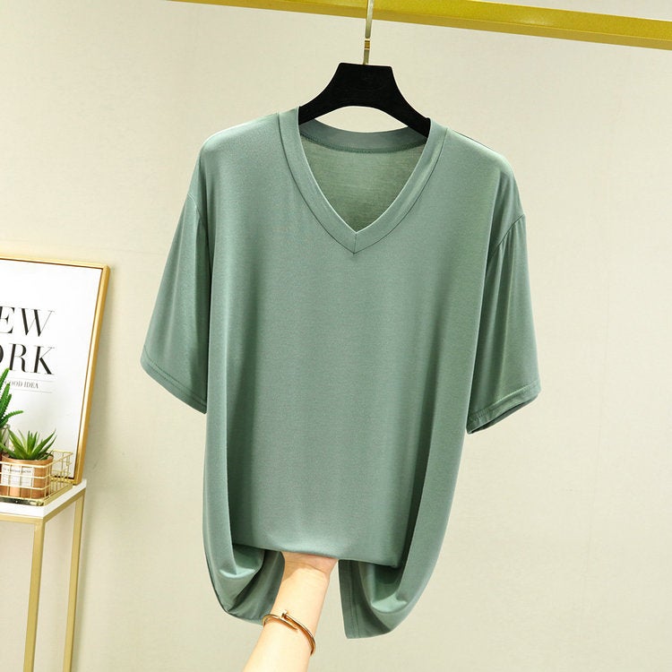 2024 Modal Short-Sleeved T-Shirt Men's Summer Thin Loose Large Size Plus Fat V Neck Bottoming Shirt Outer Half-Sleeved Top - Image 1