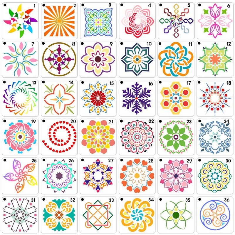 CH HAICHENG 36 PCS Reusable Mandala Stencils for Painting Rocks Wood Canvas Fabric Glass Pottery Art Projects