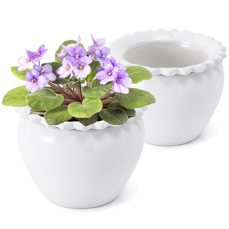 Lovely Ran 2pcs 6.5 * 4.6 * 4 inch White African Violet Flower Pot Ceramic Self Watering Flower Pot Simple Plant Self Watering Pot Indoor Flowers High Absorption Herbaceous Flower Pot - Image 1