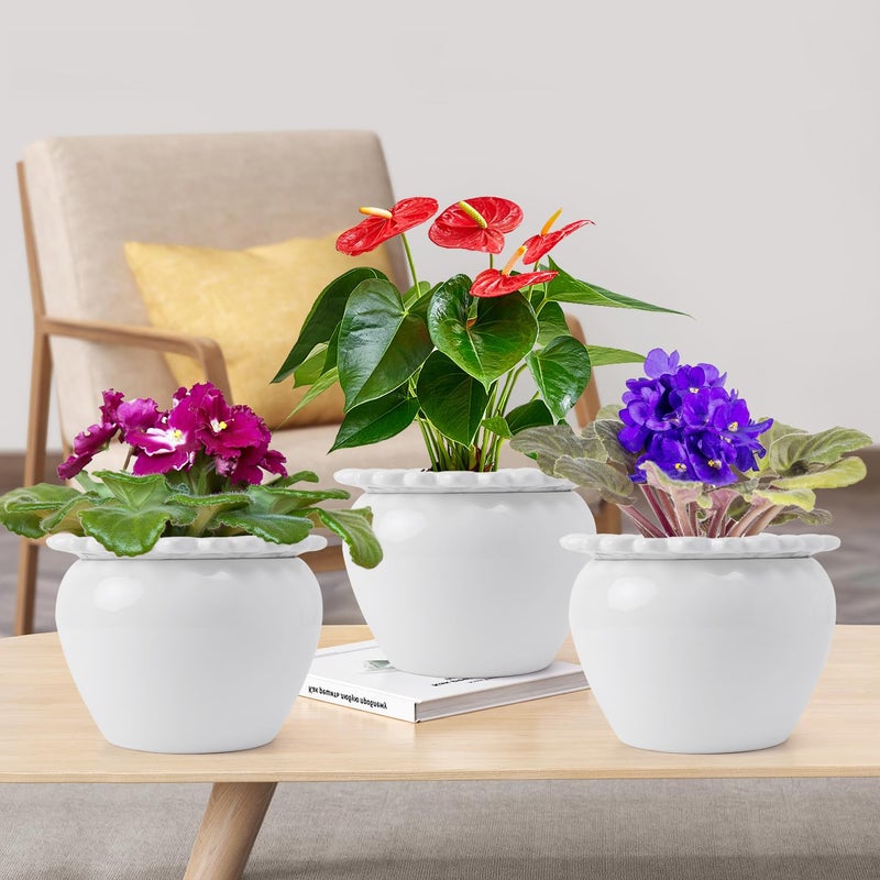 Lovely Ran 2pcs 6.5 * 4.6 * 4 inch White African Violet Flower Pot Ceramic Self Watering Flower Pot Simple Plant Self Watering Pot Indoor Flowers High Absorption Herbaceous Flower Pot - Image 5