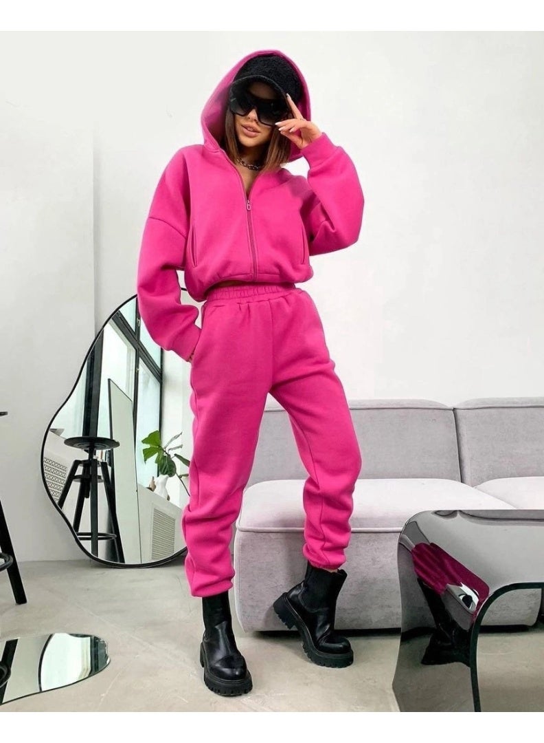NIBEMINENT Fashion Solid Sports Suit Casual Zipper Hooded Sweatshirt Coat Elastic Waist Small Leg Pants Two Piece Set Autumn Lady - Image 3