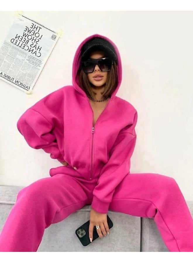 NIBEMINENT Fashion Solid Sports Suit Casual Zipper Hooded Sweatshirt Coat Elastic Waist Small Leg Pants Two Piece Set Autumn Lady - Image 2