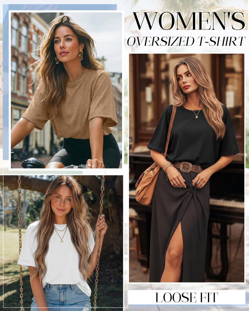 Riyiper 3 Pack Women's Oversized T-Shirt Half Sleeve Summer Tees Casual Loose Fit Crew Neck Basic Tops(Black, White, Khaki,X-Large) - Image 3