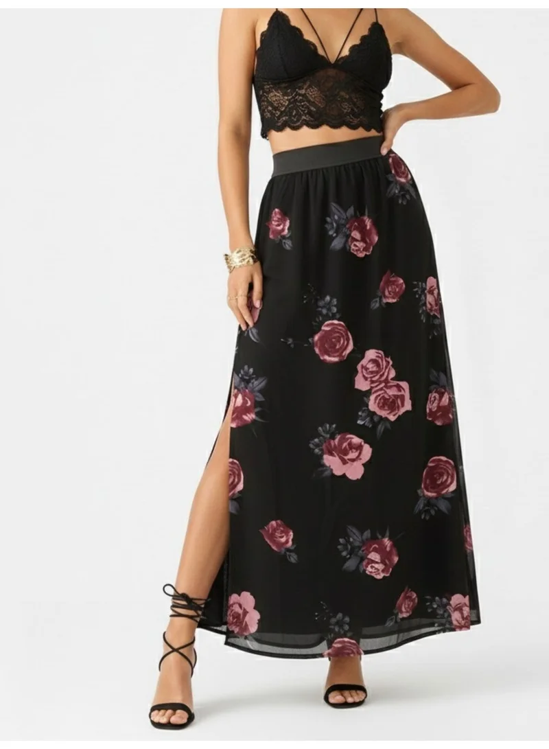 أوجيدر تنورة ماكسي بنقوش الزهور السوداء