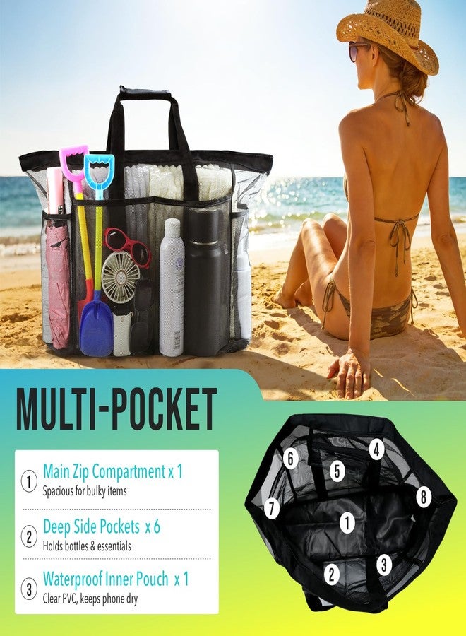ASBEFORE Mesh Beach Bag Extra Large, Portable Tote Bag with Zipper for Family, XL Beach Essentials, Oversized Shower Caddy Basket for Pool Swim Travel Dorm Room (Black) - Image 4