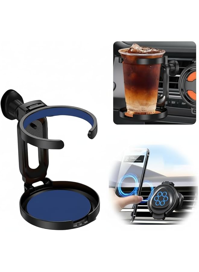 S-TOP Car Cup Holder and Phone Mount 2 in 1, 360° Adjustable Air Vent Magnetic Cell Phone Holder, One-Handed Retrieval Drink Stand for Coffee, Water, Juice, Tea, Universal for Car and Truck (Blue) - Image 1