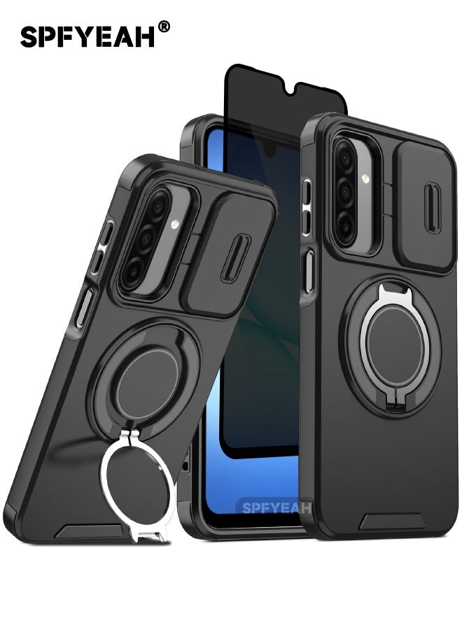 اس بي اف يا. [2 في 1] جراب Samsung Galaxy A17 مع واقي شاشة للخصوصية، غطاء كاميرا منزلق، حامل دائري مدمج يدور 360 درجة، غطاء خلفي مقاوم للصدمات شديد التحمل لهاتف Samsung Galaxy A17 مقاس 6.7 بوصة (أسود، عبوة من 1+1) - Image 1