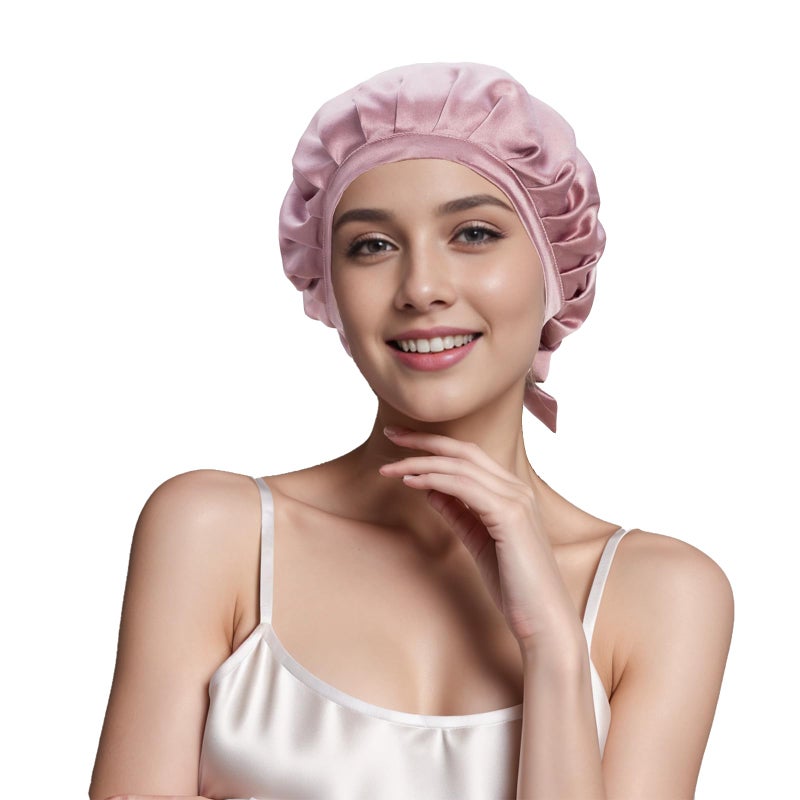 Cocheng 100 Mulberry Silk Bonnet DoubleSided Silk Sleep Cap With Adjustable Ribbon 19 Momme Silk Bonnet for Sleeping Bean Pink