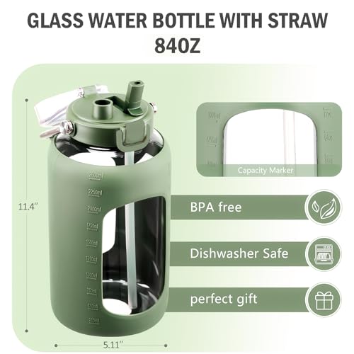 BLUEGO 84oz Water Bottle Glass with Stainless Steel Handle Large 2.5l Water Bottle with Time Markers and Silicone Sleeve Half Gallon Water Jug BPA Free for Gym Daily Use, Olive - Image 2