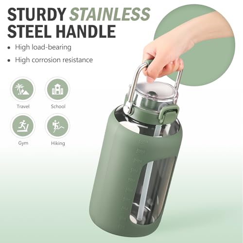 BLUEGO 84oz Water Bottle Glass with Stainless Steel Handle Large 2.5l Water Bottle with Time Markers and Silicone Sleeve Half Gallon Water Jug BPA Free for Gym Daily Use, Olive - Image 5
