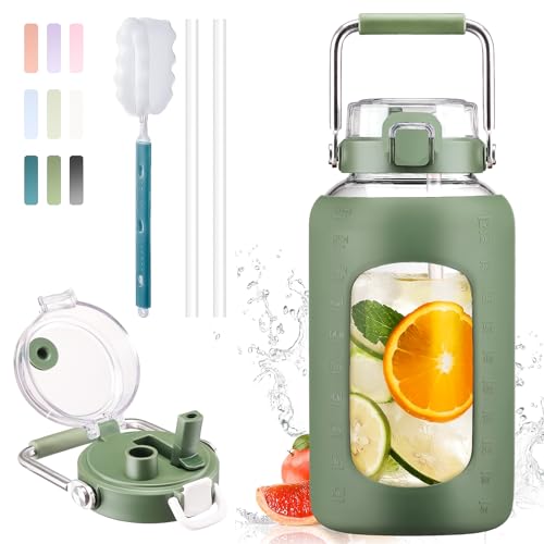 BLUEGO 84oz Water Bottle Glass with Stainless Steel Handle Large 2.5l Water Bottle with Time Markers and Silicone Sleeve Half Gallon Water Jug BPA Free for Gym Daily Use, Olive - Image 1