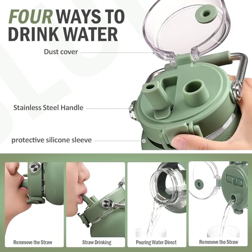 BLUEGO 84oz Water Bottle Glass with Stainless Steel Handle Large 2.5l Water Bottle with Time Markers and Silicone Sleeve Half Gallon Water Jug BPA Free for Gym Daily Use, Olive - Image 3