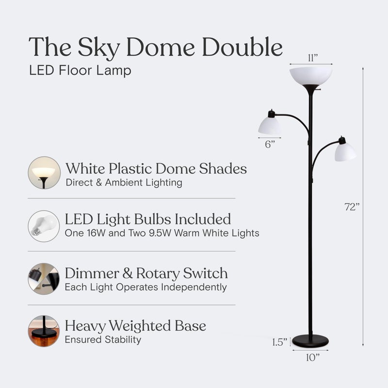 Brightech Sky Dome Double LED Floor Lamp, Torchiere Super Bright Floor Lamp with 2 Reading Lamps for Living Rooms & Offices - Dimmable Tall Standing Lamp for Bedroom Reading - Tall Black Pole - Image 3